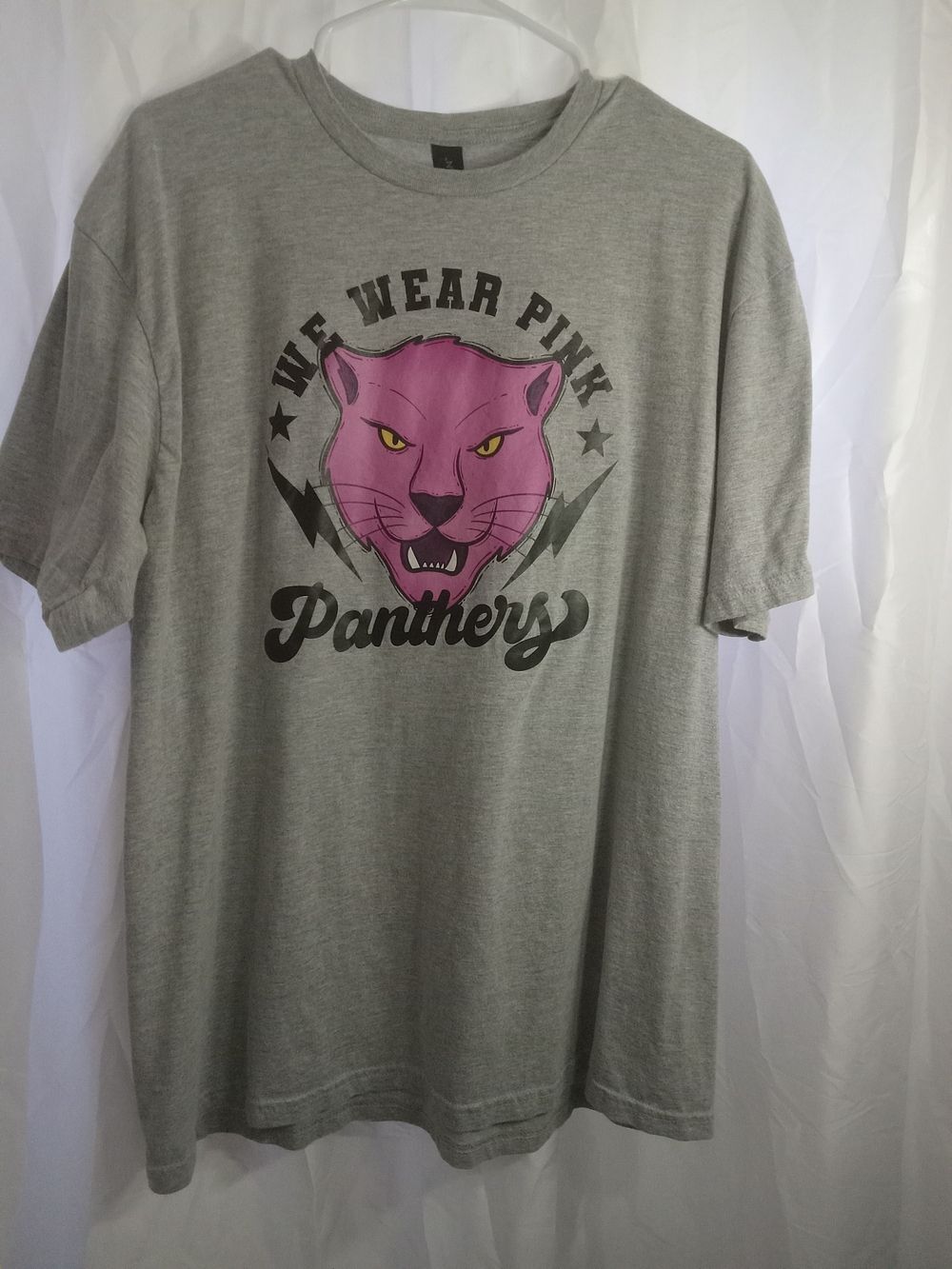Gildan Gray Tee with Pink Panther Graphic and Yellow Eyes